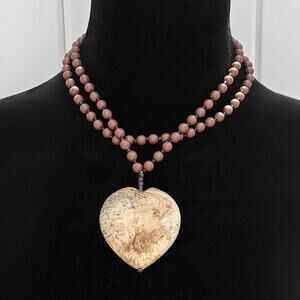 Picture Jasper Heart Shape Natural Pendant Wooden Beads Double Choker Necklace
